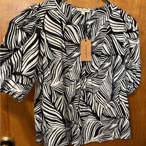 Christian Siriano Black & White Leaf-Print Puff Sleeve Blouse